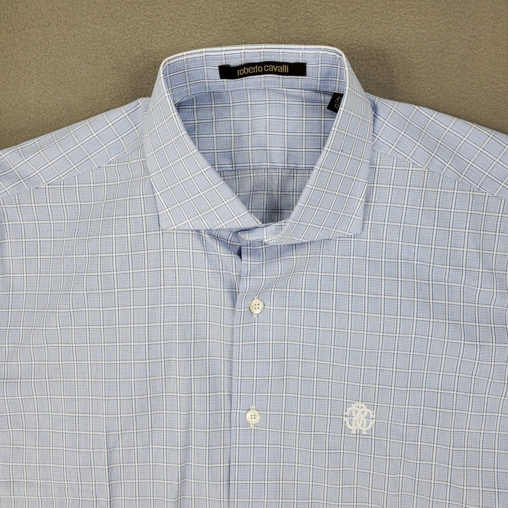 Roberto Cavalli Dress Shirt Mens 17 Blue Check Long Sleeve Logo Italy Luxury